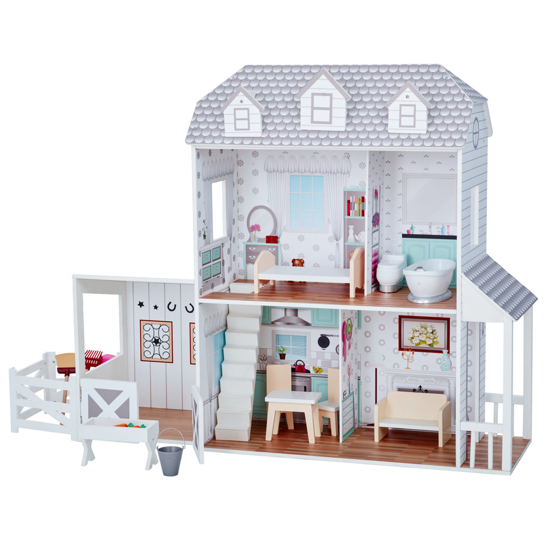 Teamson Kids Dreamland 2-Story Farmhouse Dollhouse for 12" Dolls White;Grey 89.5cm H X 40.98cm W X 13.5cm D